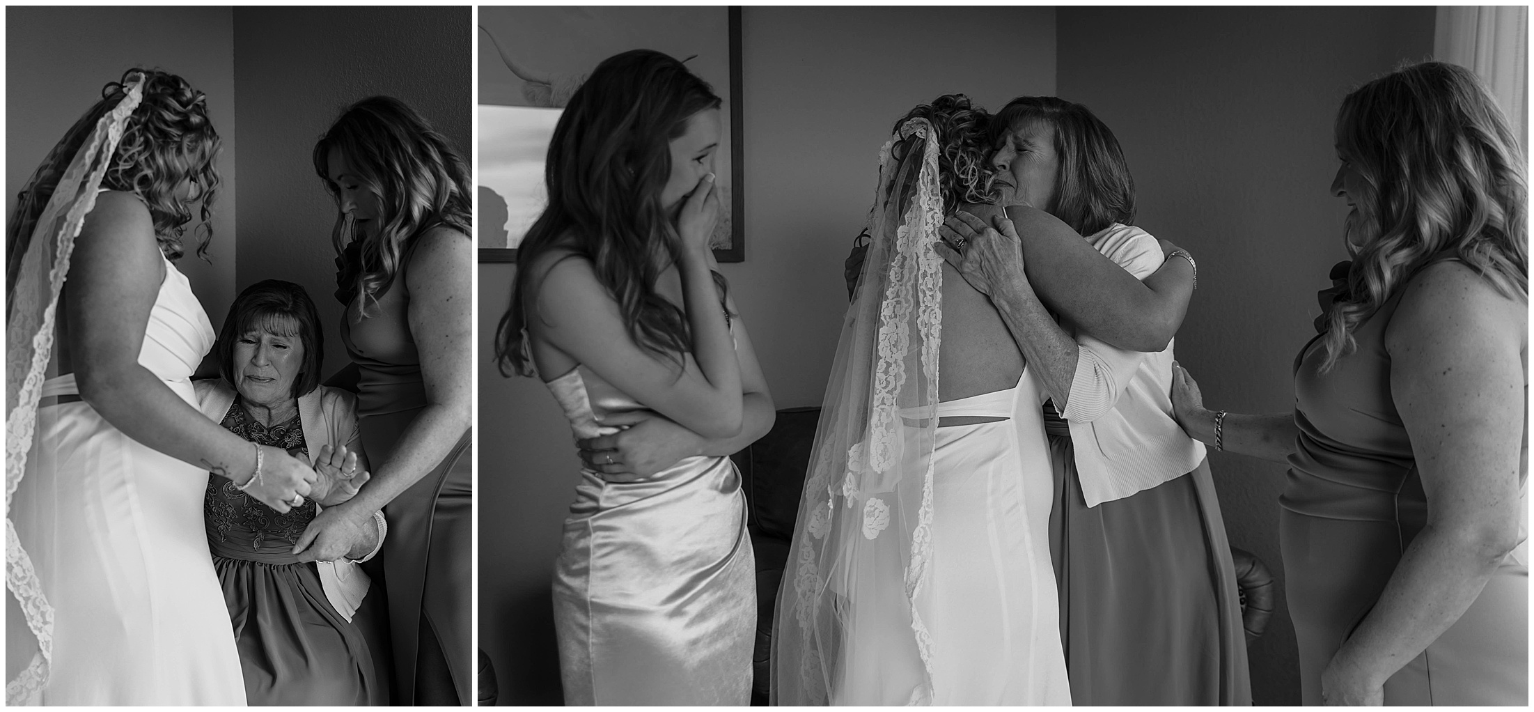 bride getting ready with mom hugging grandma