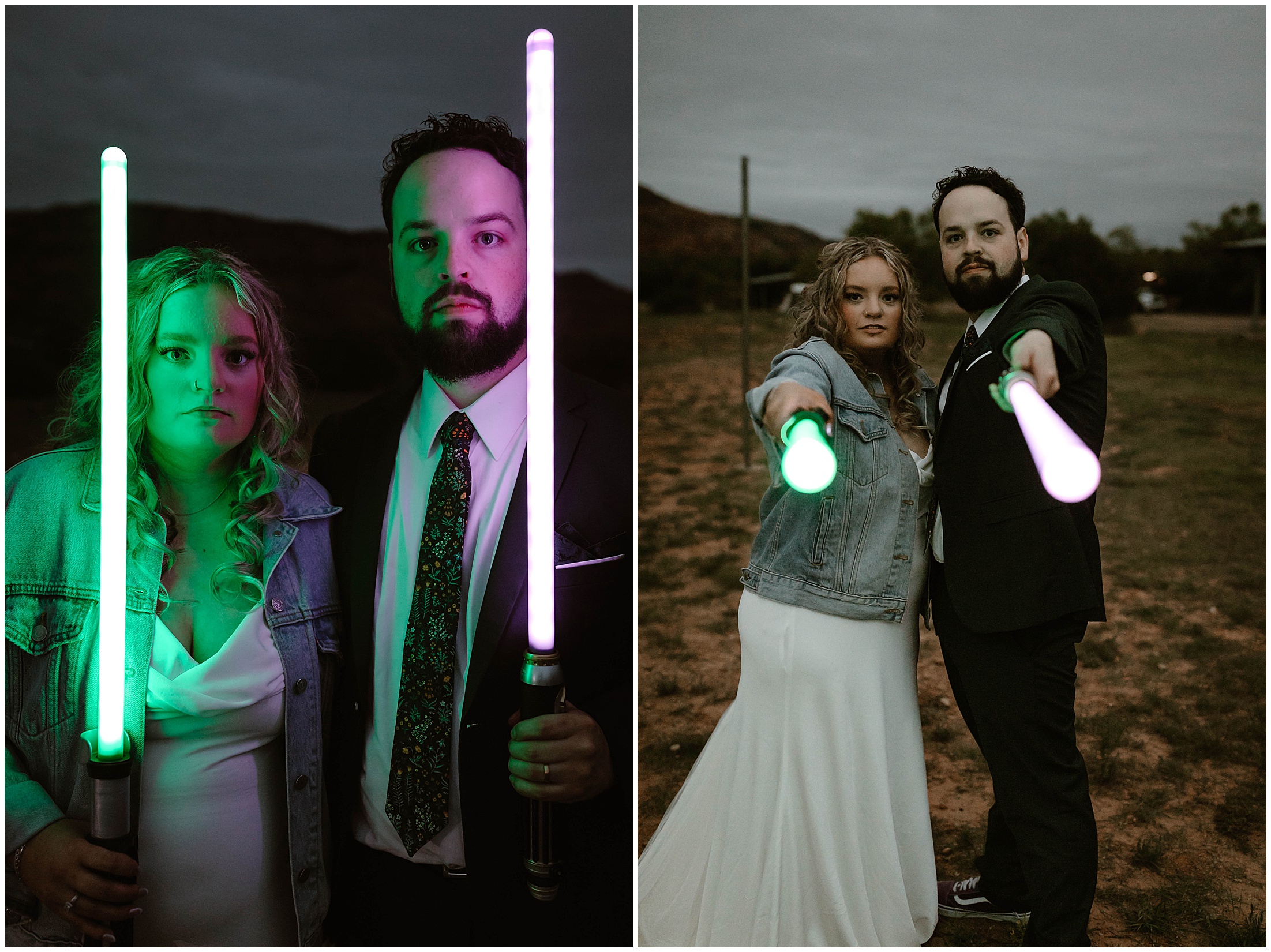 couple embracing with their light sabers on their may 4th wedding day in palo duro canyon