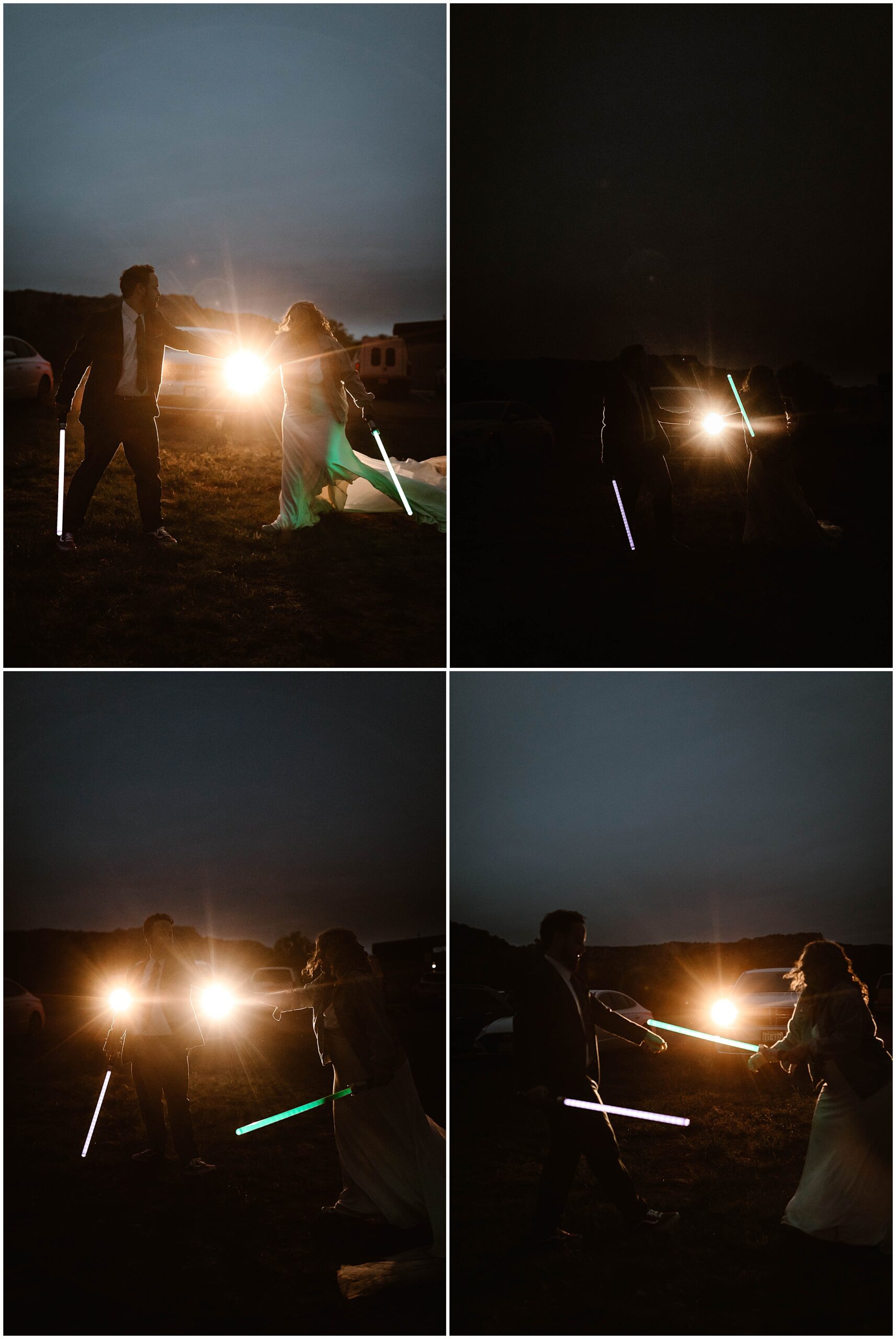 couple embracing with their light sabers on their may 4th wedding day in palo duro canyon