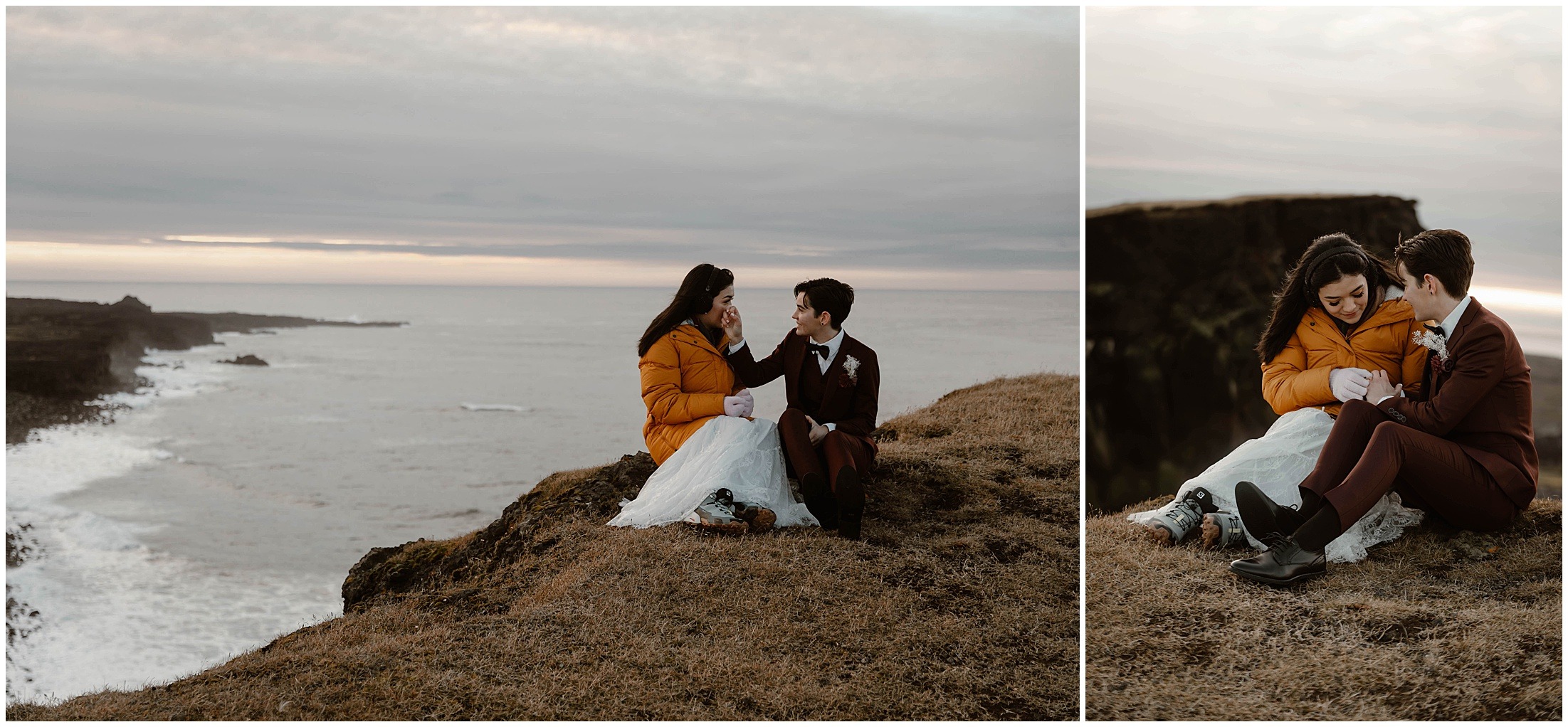 Couple sits on a sea cliff at sunset in Iceland