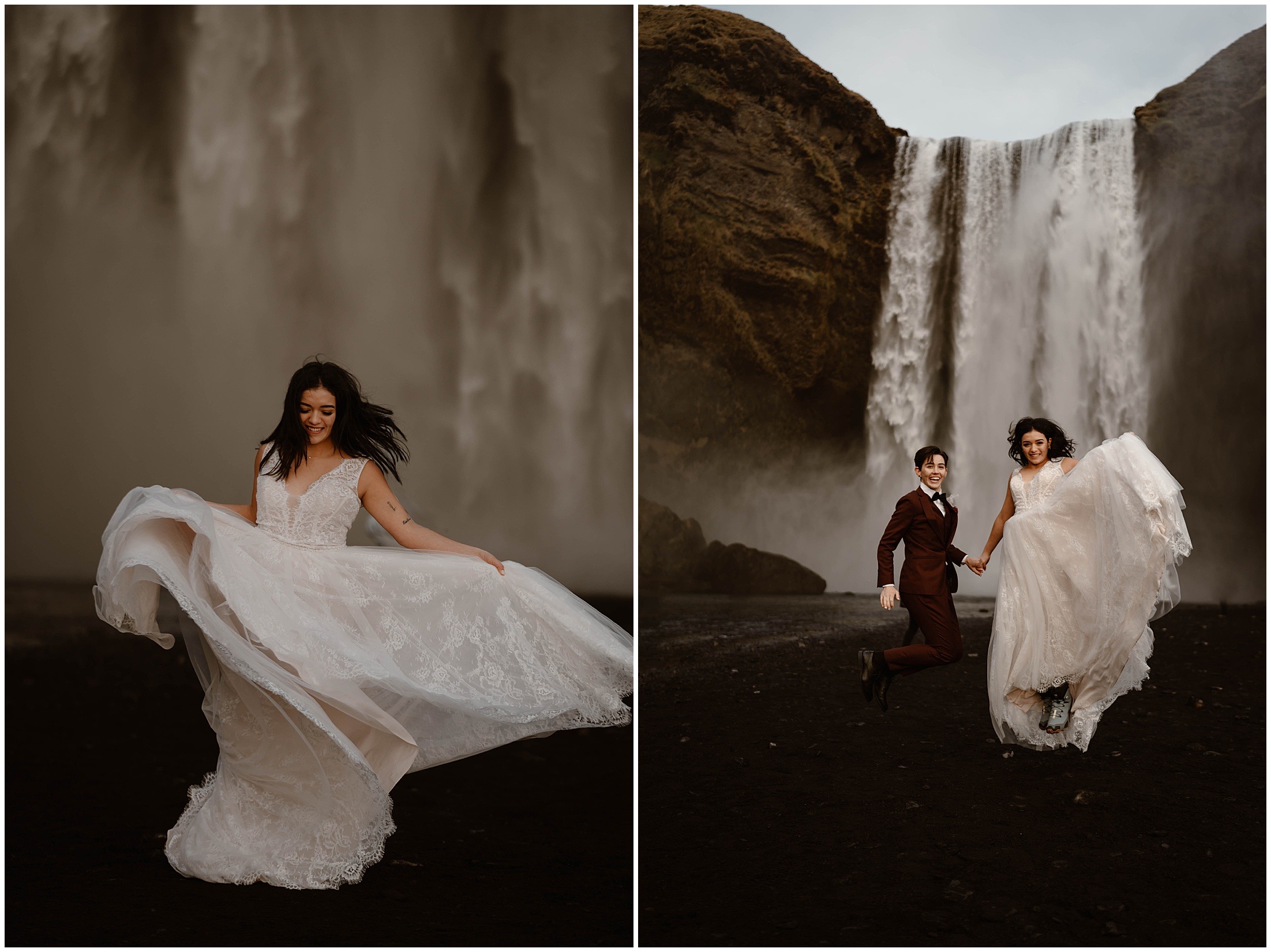 Bride twirls her dress beneath a powerful Icelandic waterfall