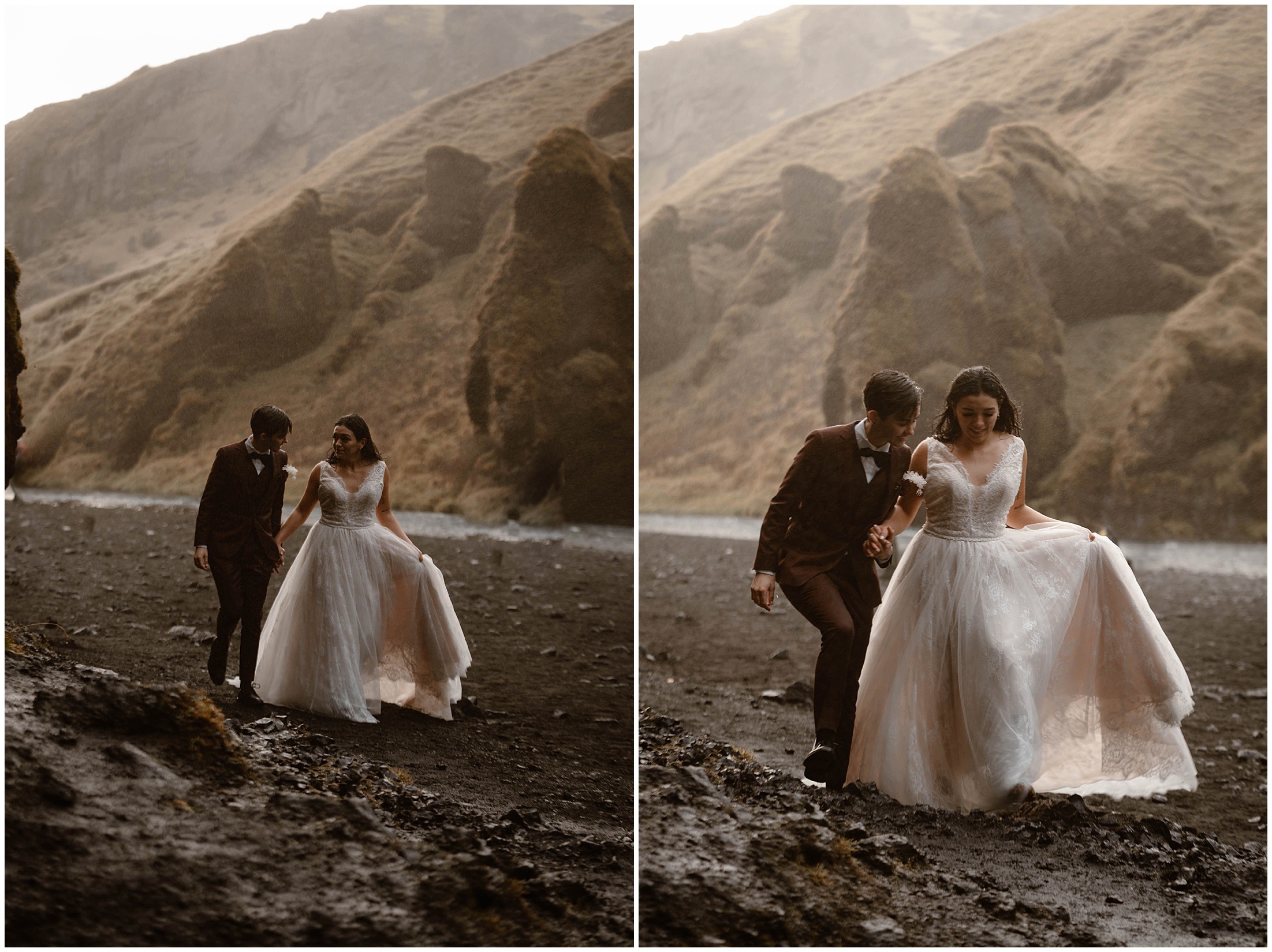 Couple walks a misty black sand beach in Iceland
