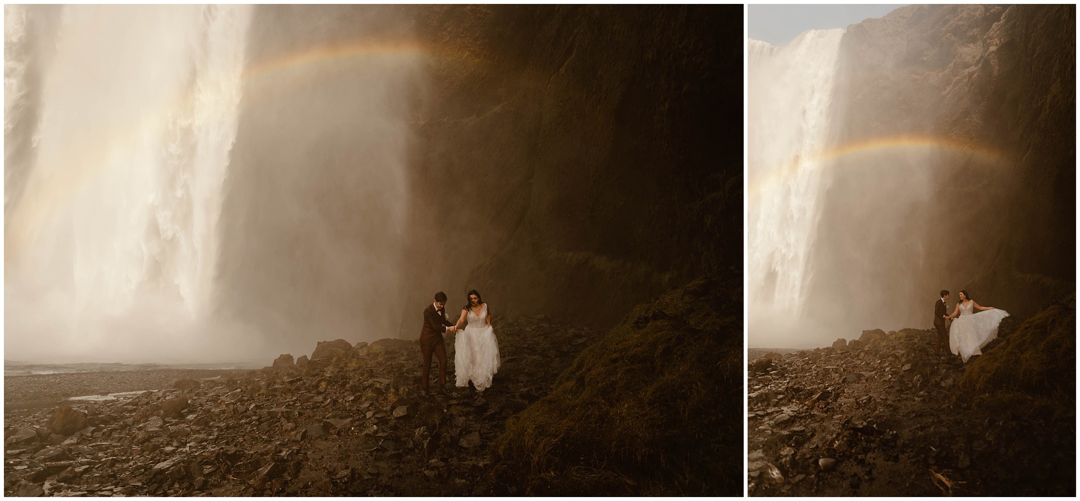 Couple at the base of a misty Icelandic waterfall