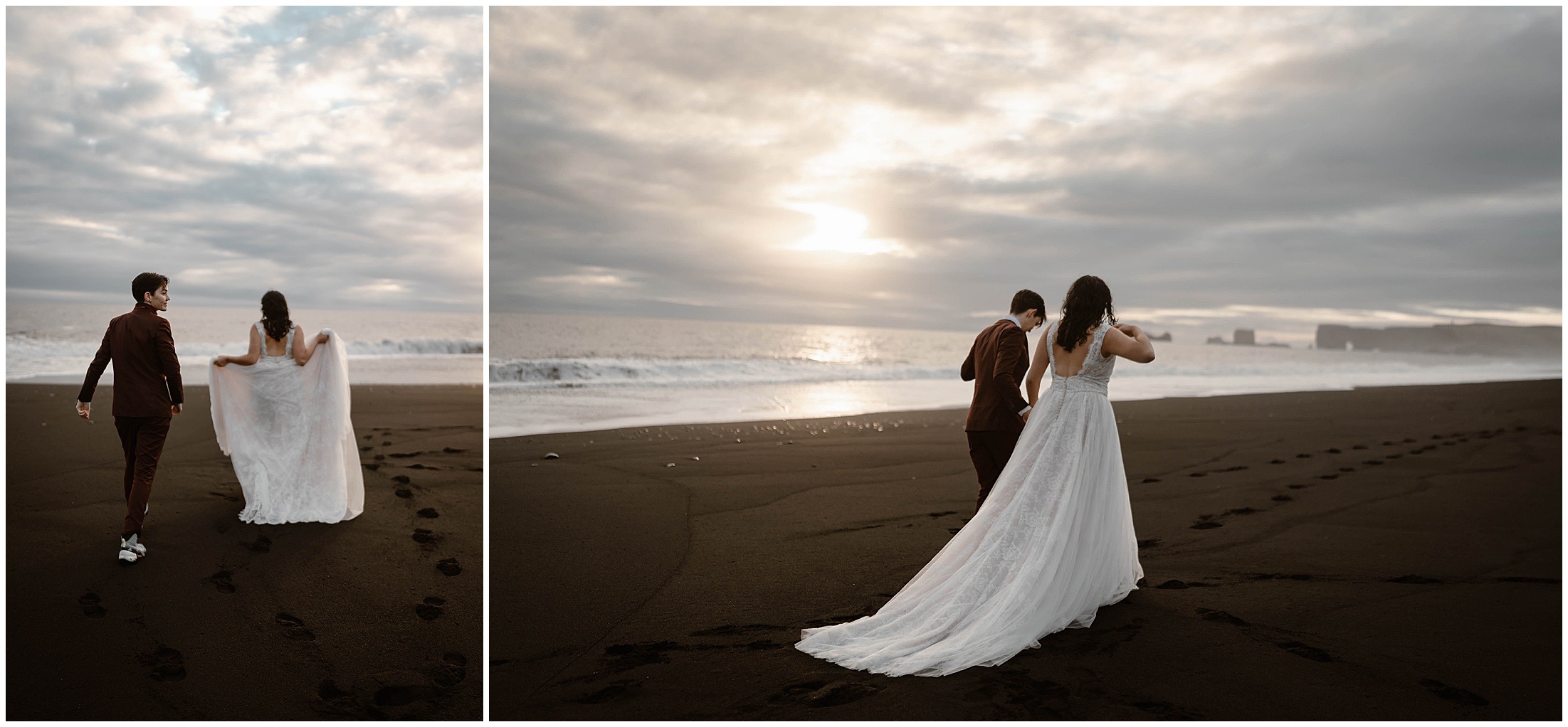 A bride’s dress flows on an Icelandic beach at sunset