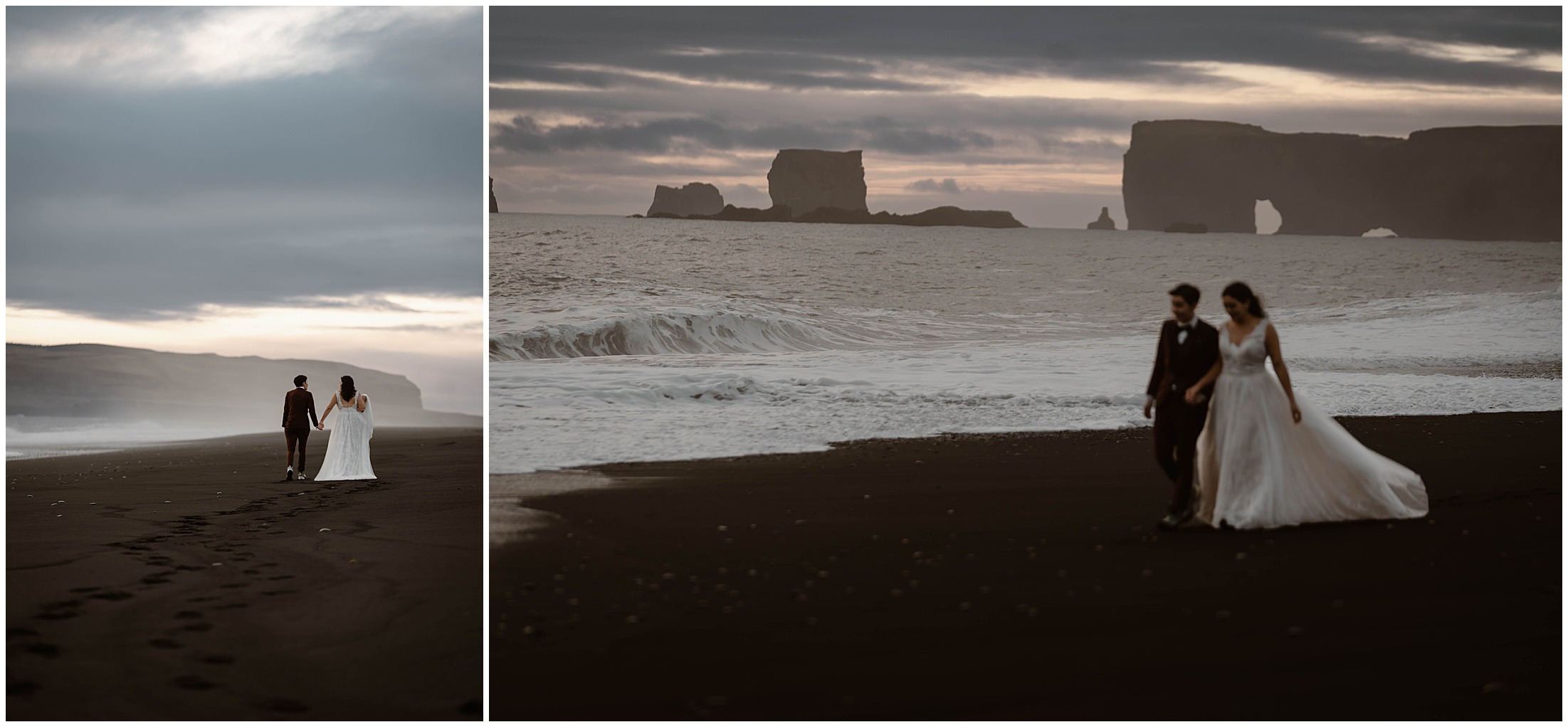 Couple on a black sand beach beside towering sea stacks in Iceland